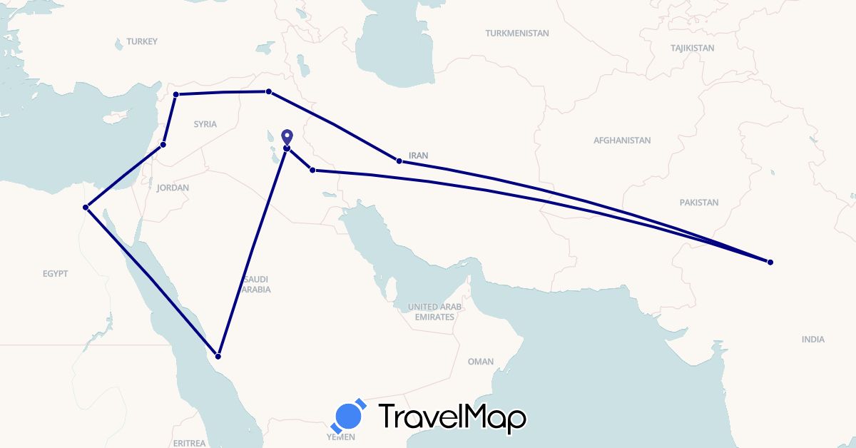 TravelMap itinerary: driving in Egypt, India, Iraq, Iran, Saudi Arabia, Syria (Africa, Asia)